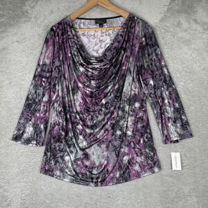 Dressbarn Cowl Neck Top Womens 1X Purple Metallic Animal Print 3/4 Sleeve Y2K
